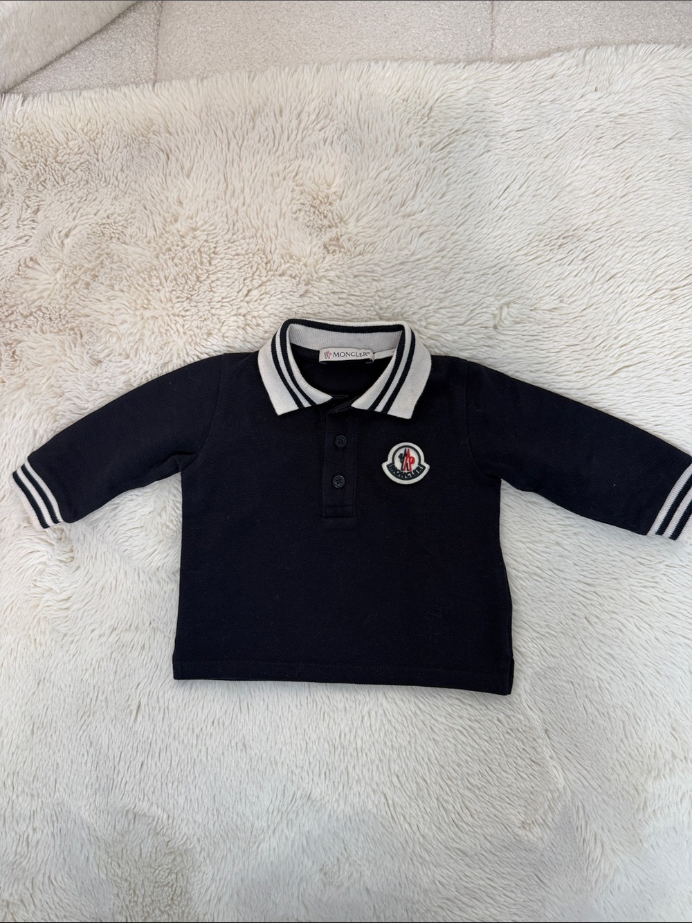Moncler Navy Long Sleeve Polo with White Trim